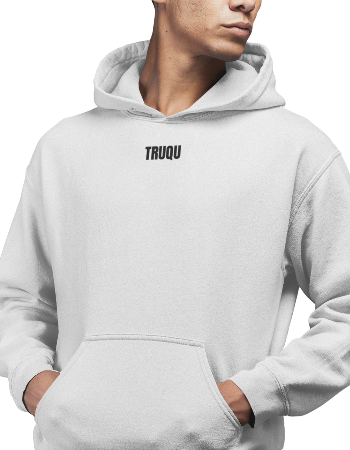 Person wearing a gray hoodie with 'TRUQU' branding on a white background